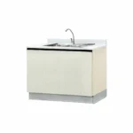 ตู้ครัวเมลามีนเปิด 2 บาน อ่างซิงค์หลุมคู่มีถังขยะ